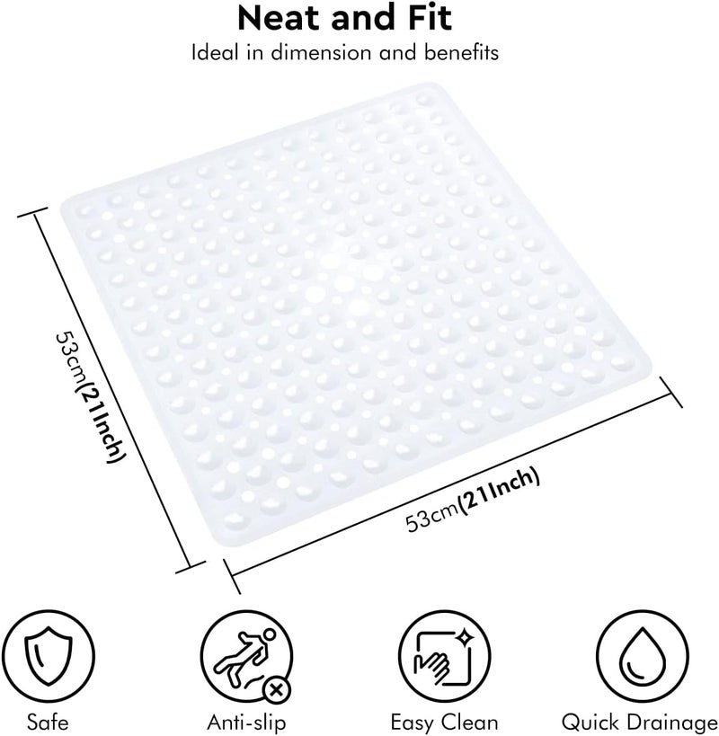 ADO Shower Mat Non Slip, 21x21 inch Square Shower Mats for Inside Shower, Anti-Slip Safety Bathroom Mat with Strong Secure Suction Cups and Drain Holes, Machine Washable (White) - Image 2